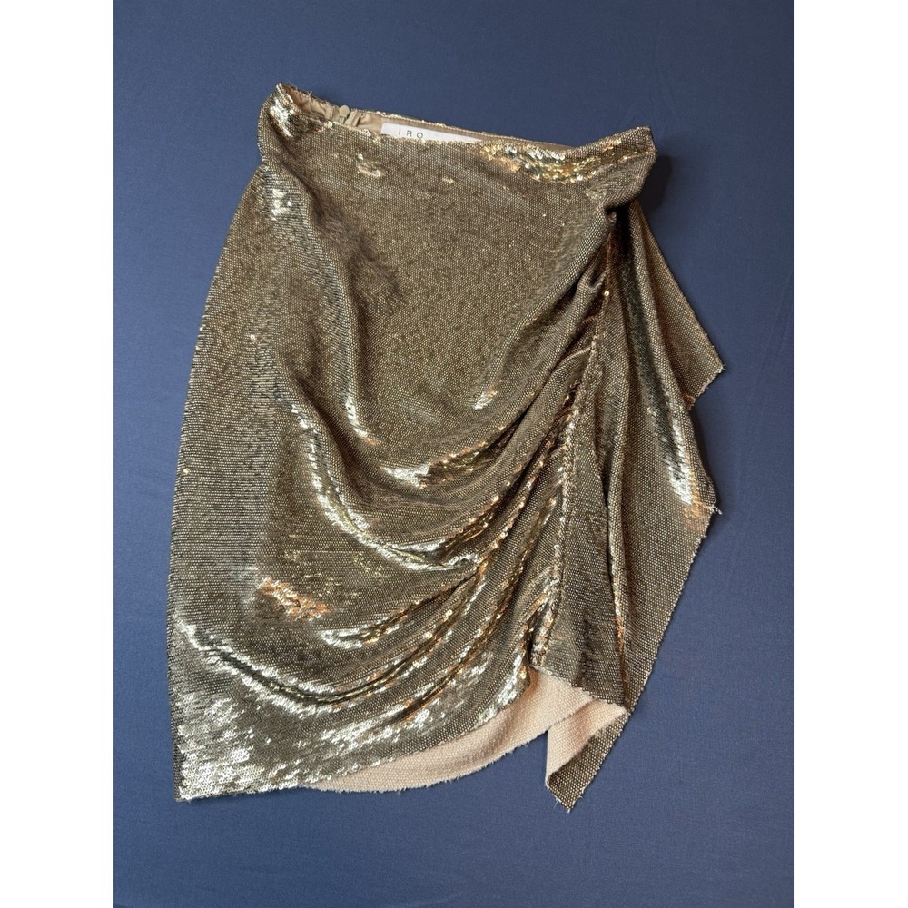 IRO Saria Gold Sequin Ruched Draped Asymmetric Skirt FR 34 US 2 XS